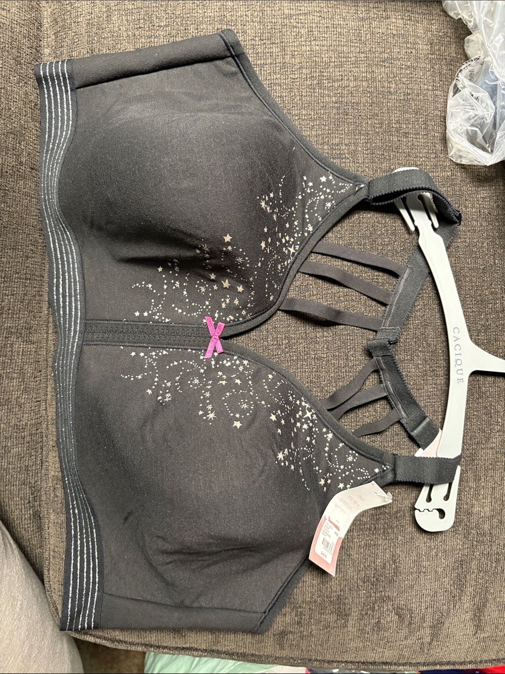 Cacique Black Wireless Bra with Star Print and Pink Bow 44DD